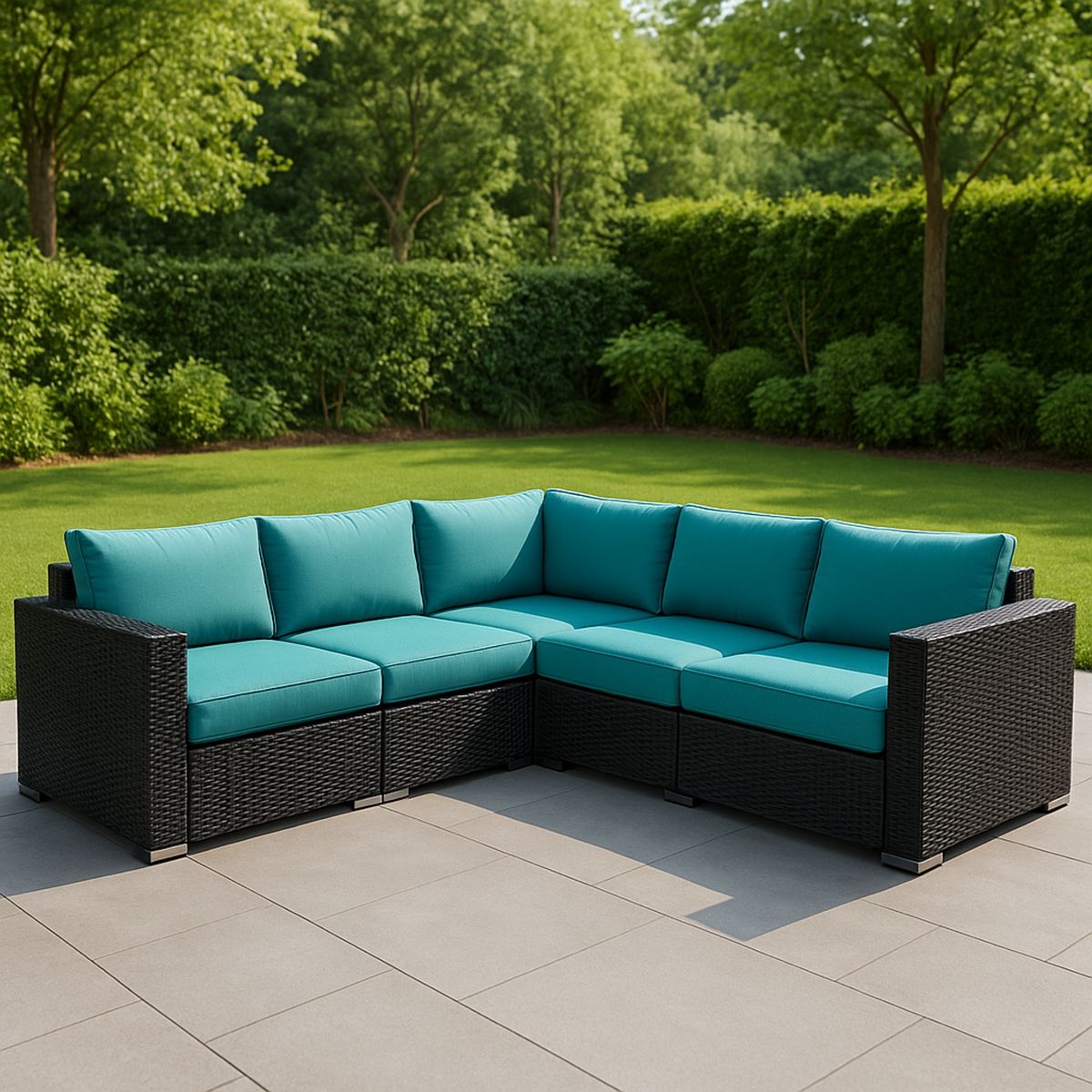 Kültéri műrattan sarokkanapé kék párnákkal