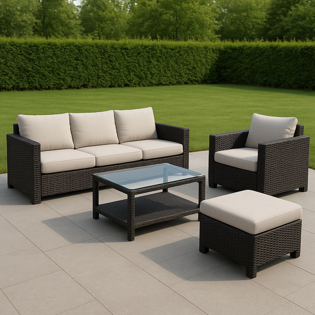 Kerti Rattan Bútor Szett Bőrszín Párnákkal és Üveglapos Asztallal