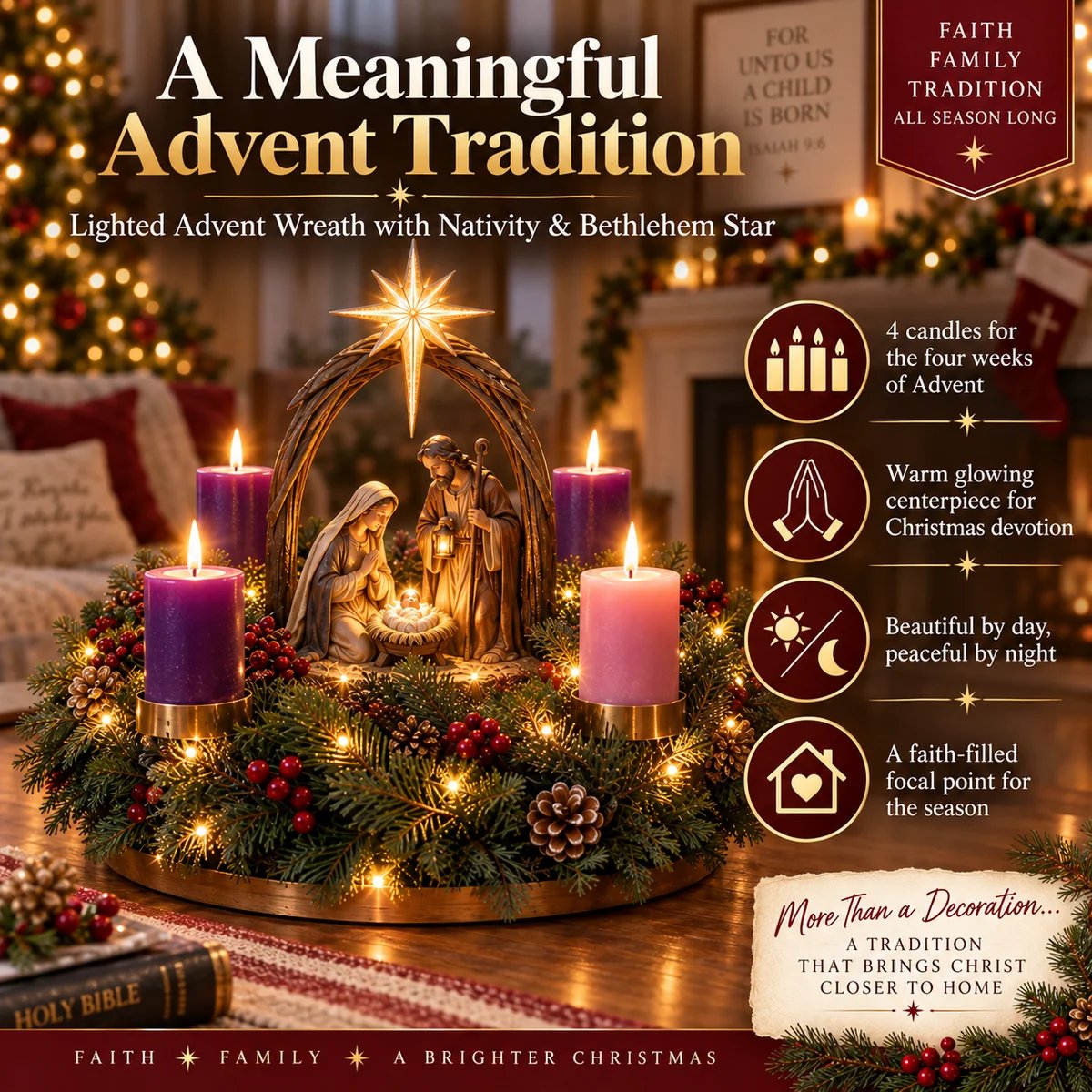 Lighted Nativity Advent Wreath with Bethlehem Star