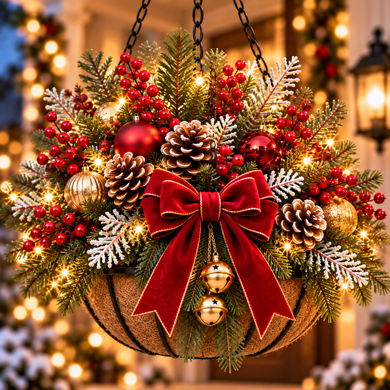 Christmas hanging basket lights off and lights on comparison