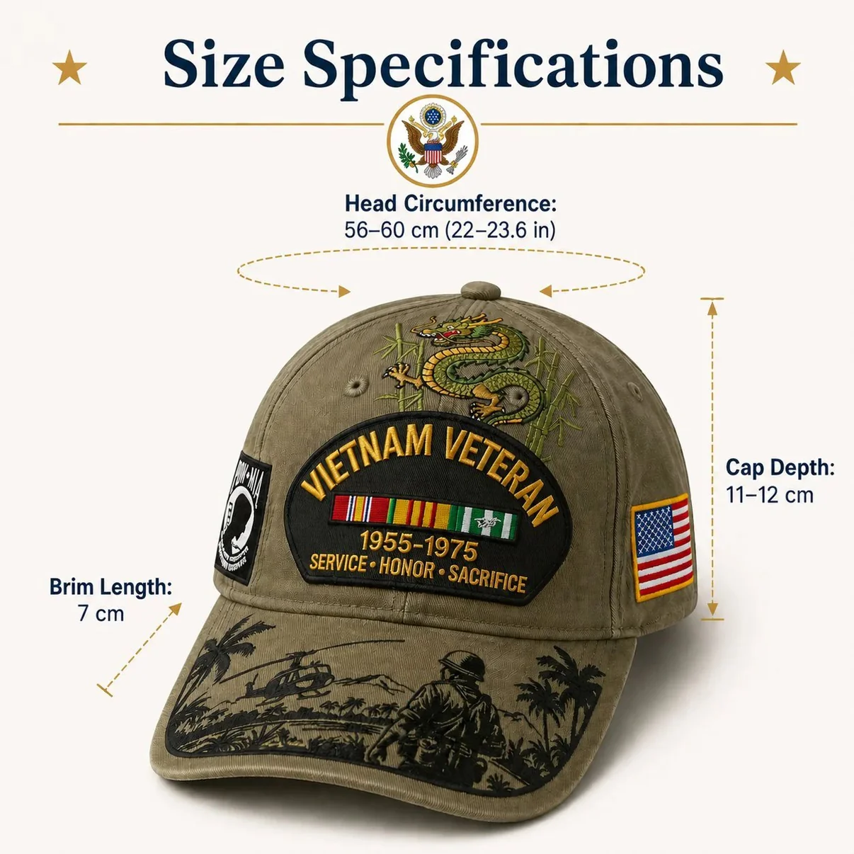 🎖️ - Vietnam Veteran Tribute Cap - Classic / One Size Fits Most (Circumference 21 5/8- Circumference 24 1/8)