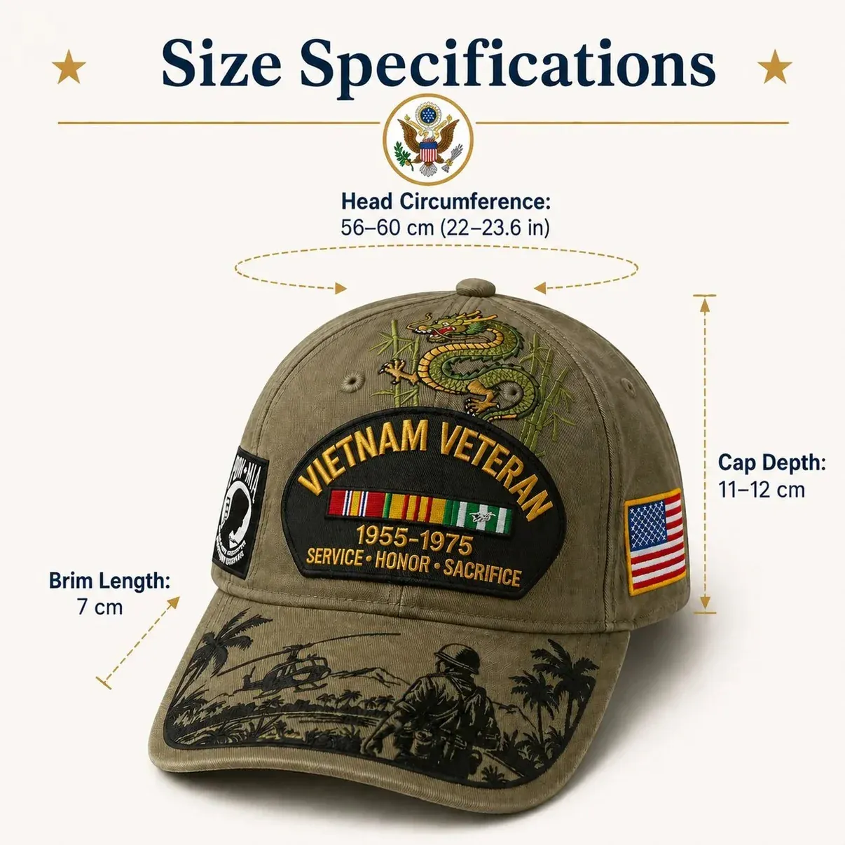 🎖️ - Vietnam Veteran Tribute Cap - Classic / One Size Fits Most (Circumference 21 5/8- Circumference 24 1/8)