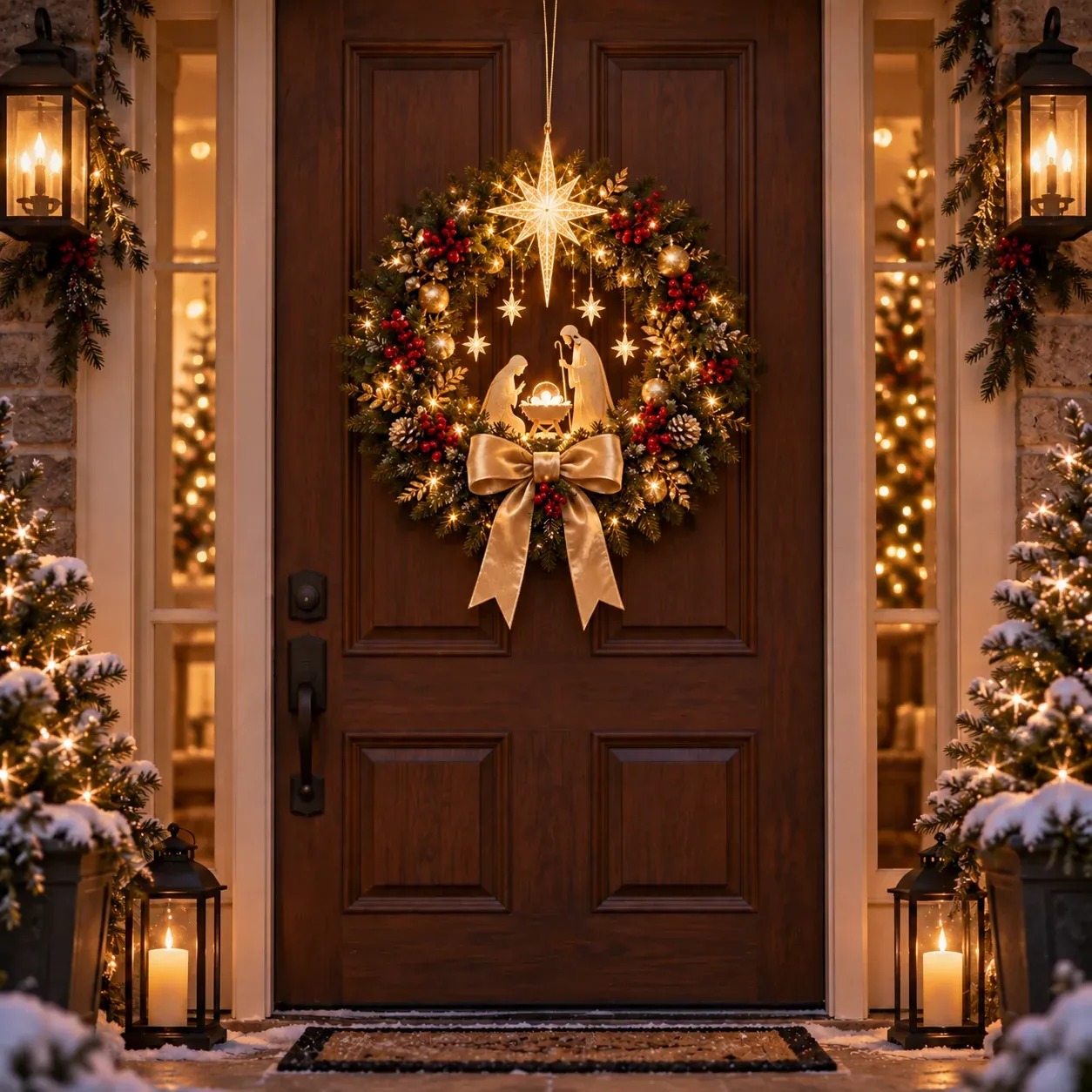 Lighted Nativity Christmas Wreath with Bethlehem Star