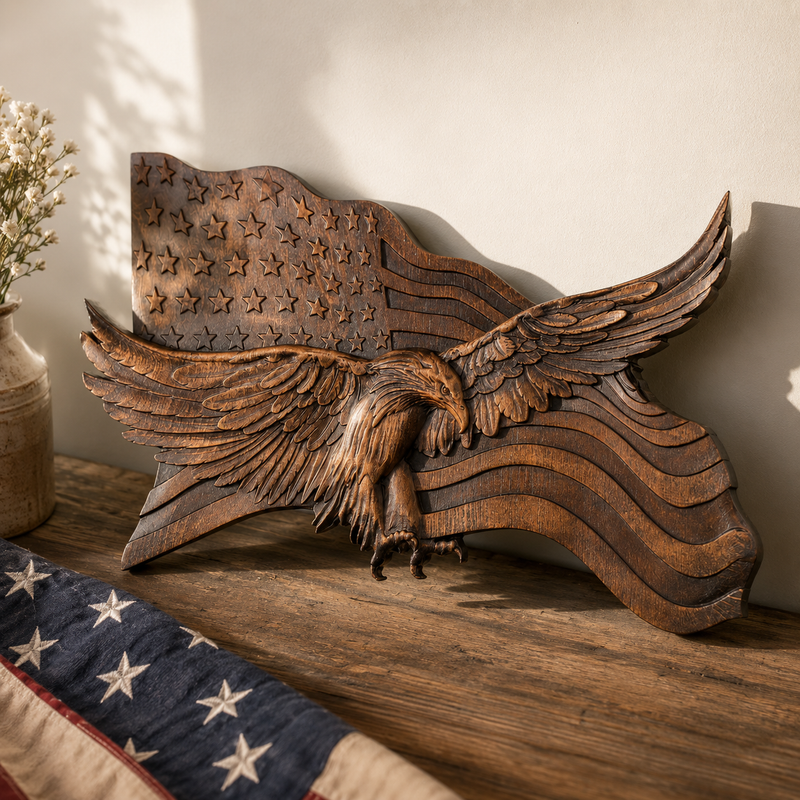 Patriotic wooden eagle plaque in home decor setting