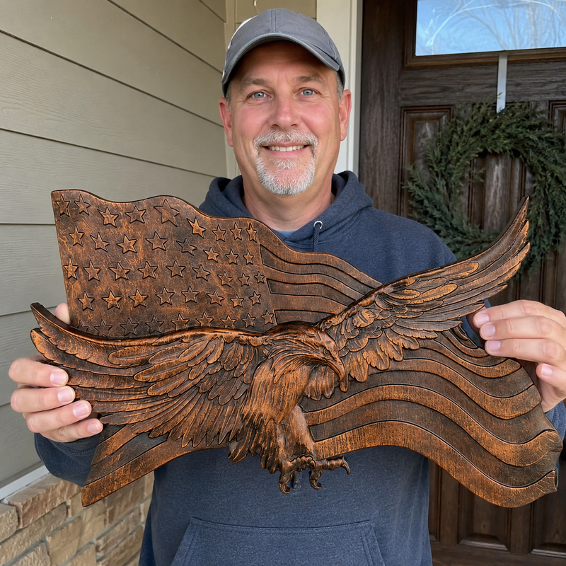 Close detail of carved eagle and American flag wood grain