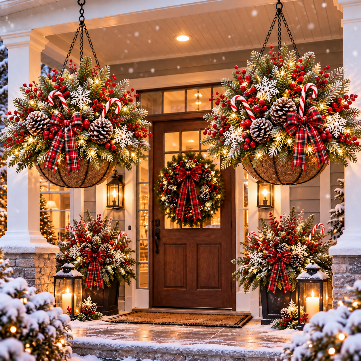 Pre-Lit Christmas Hanging Basket on festive front porch