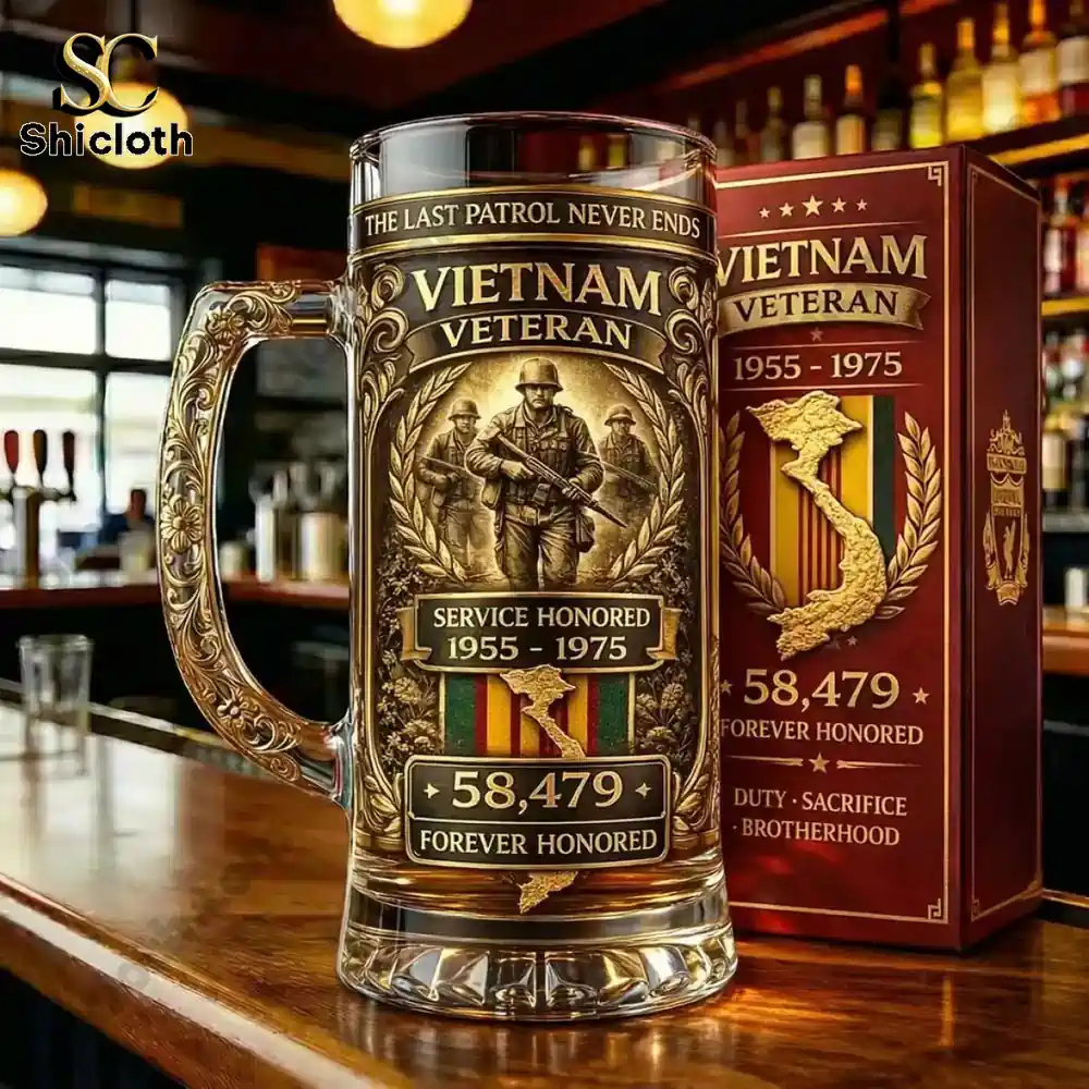 Vietnam Veteran beer mug with decorative box on bar counter!