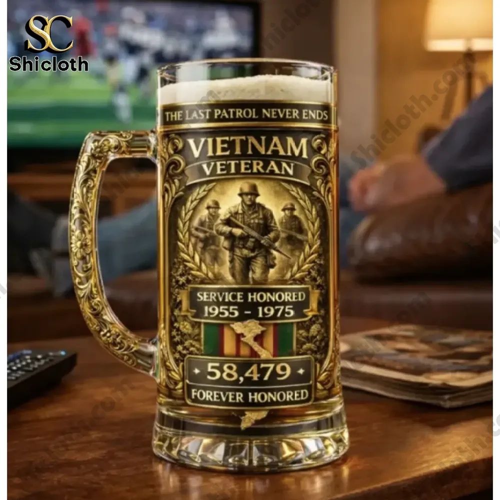 Vietnam Veteran beer mug on table with television in background!
