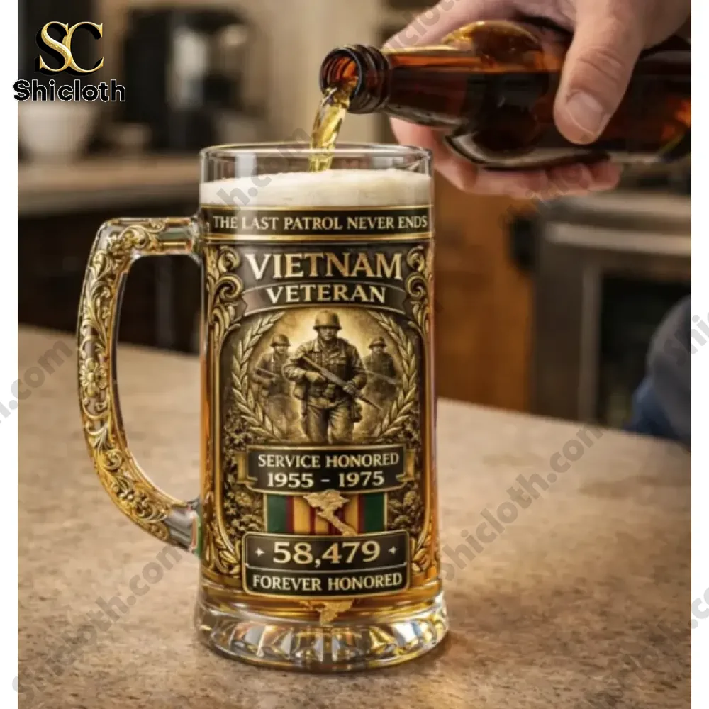 Beer being poured into Vietnam Veteran mug in kitchen setting!
