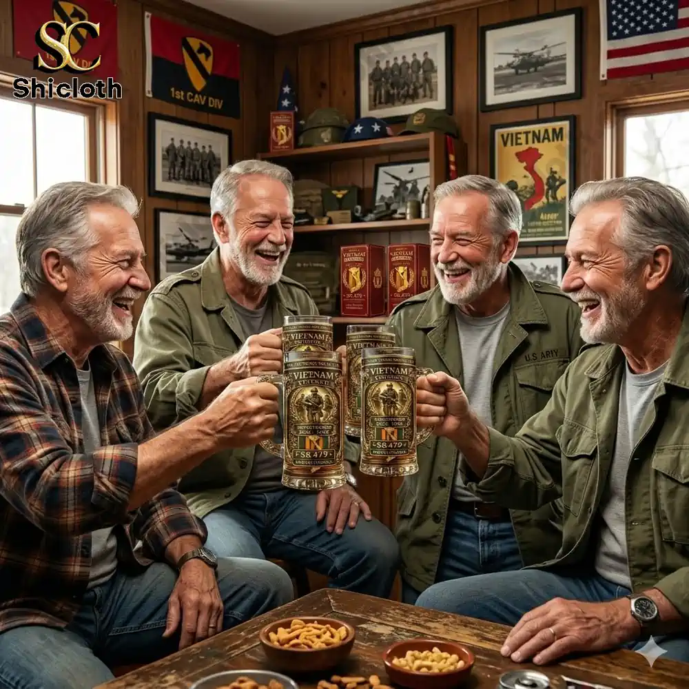 Veteran men toasting beer mugs in a military themed room!