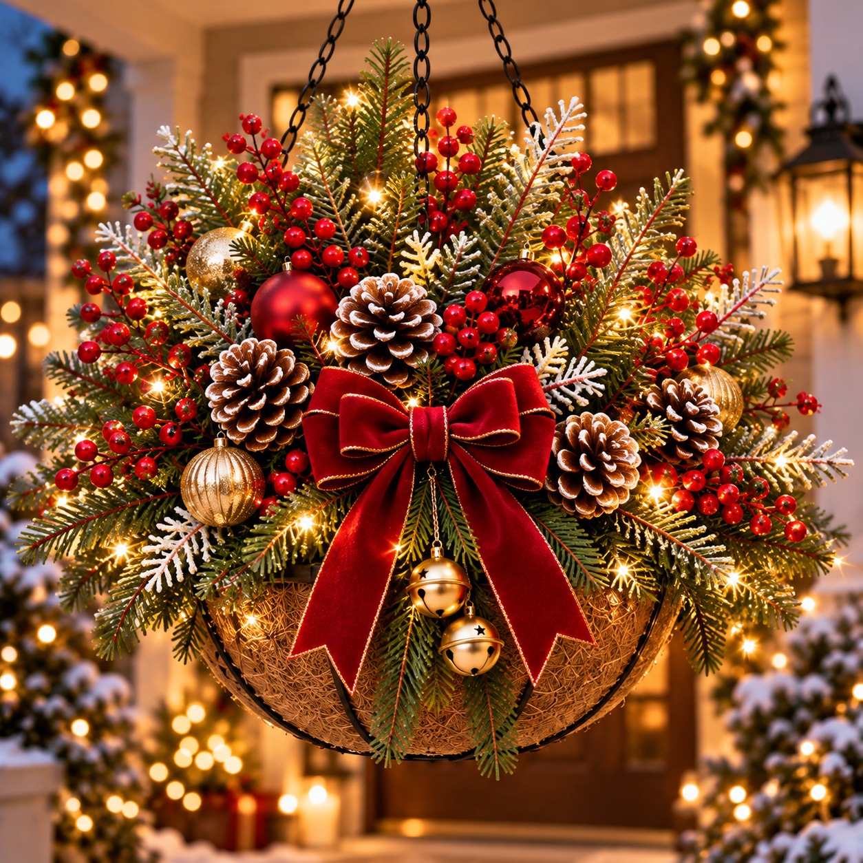 Woman admiring illuminated Christmas hanging basket