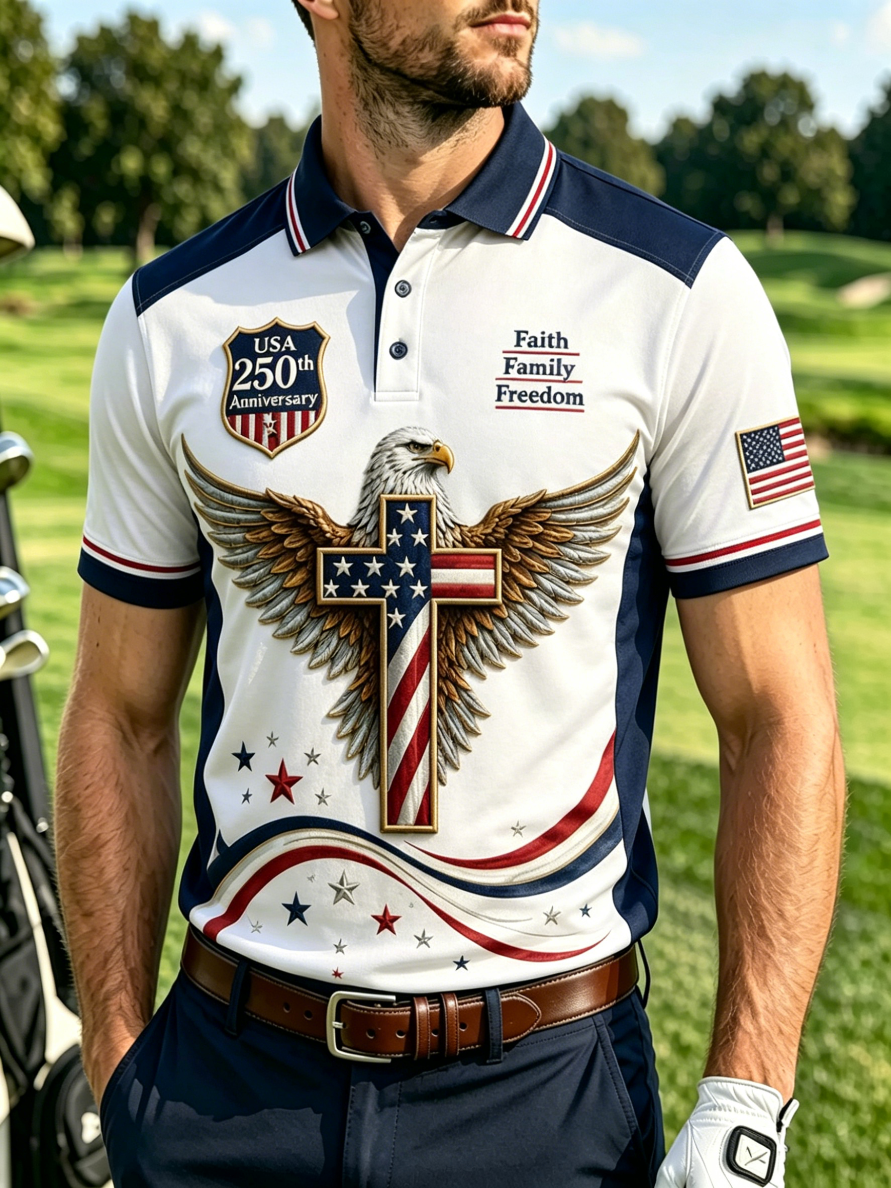 Faith Family Freedom Eagle Cross Graphic Men's Golf Polo Shirt