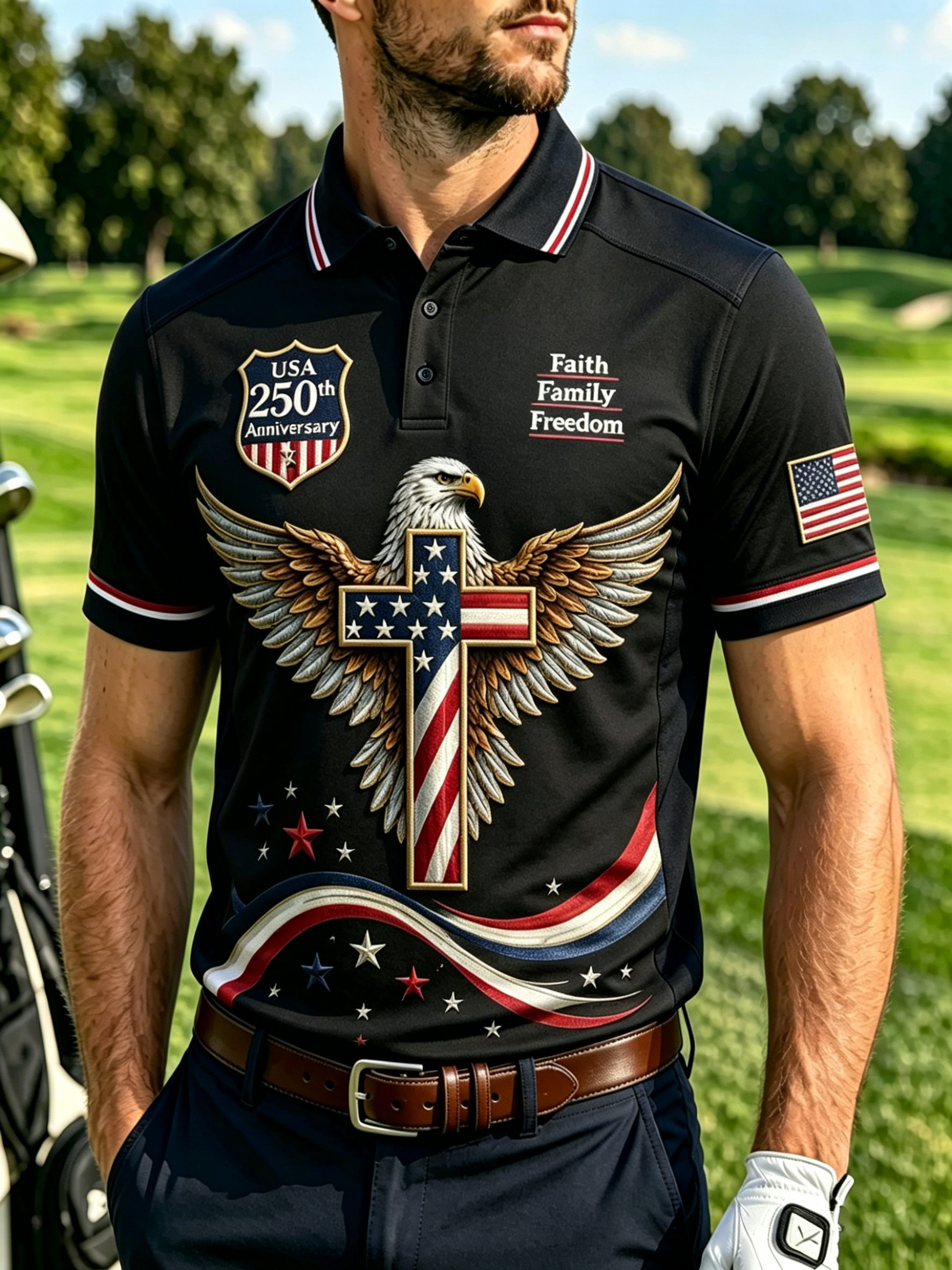 Faith Family Freedom Eagle Cross Graphic Men's Golf Polo Shirt