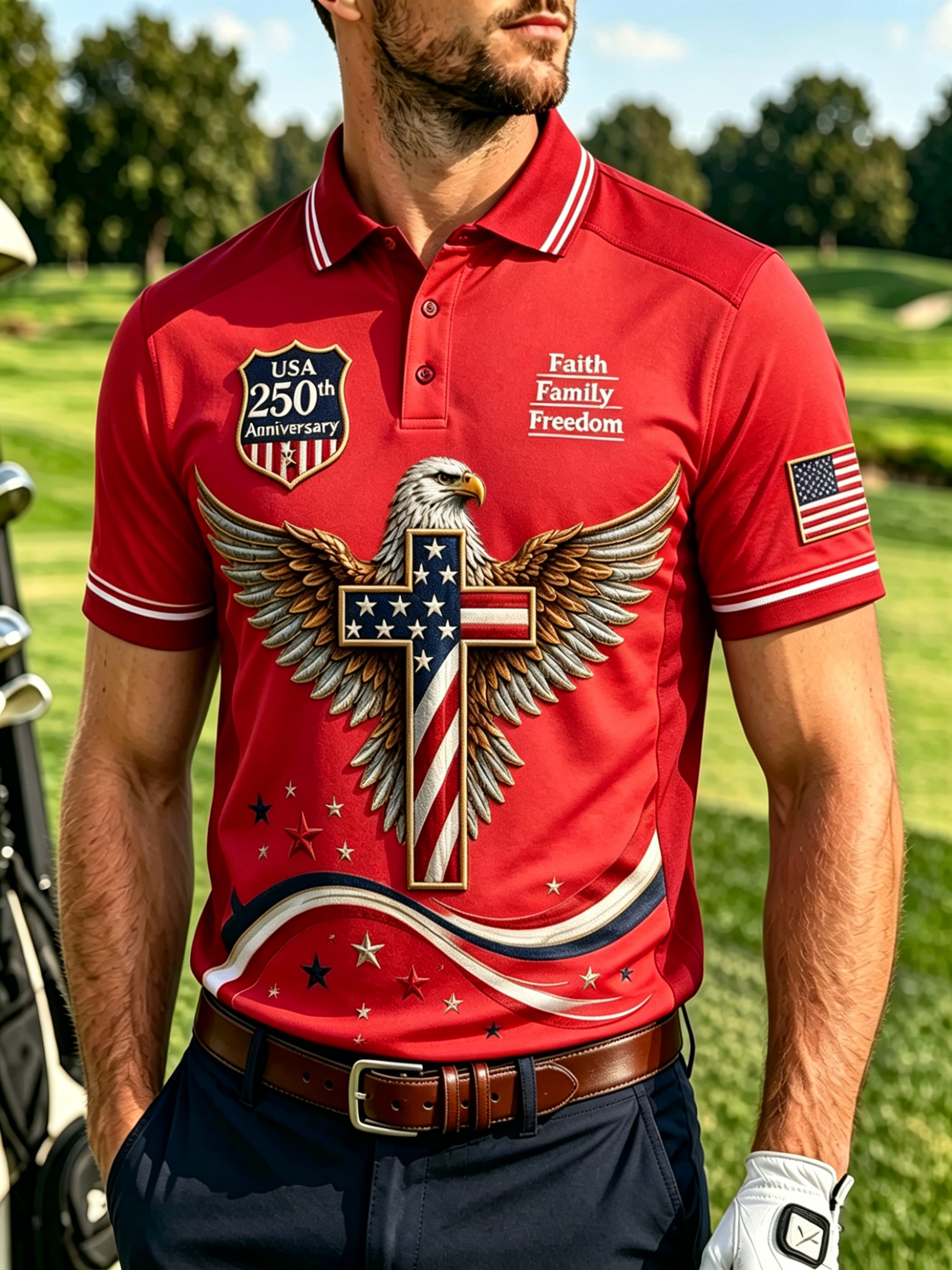 Faith Family Freedom Eagle Cross Graphic Men's Golf Polo Shirt