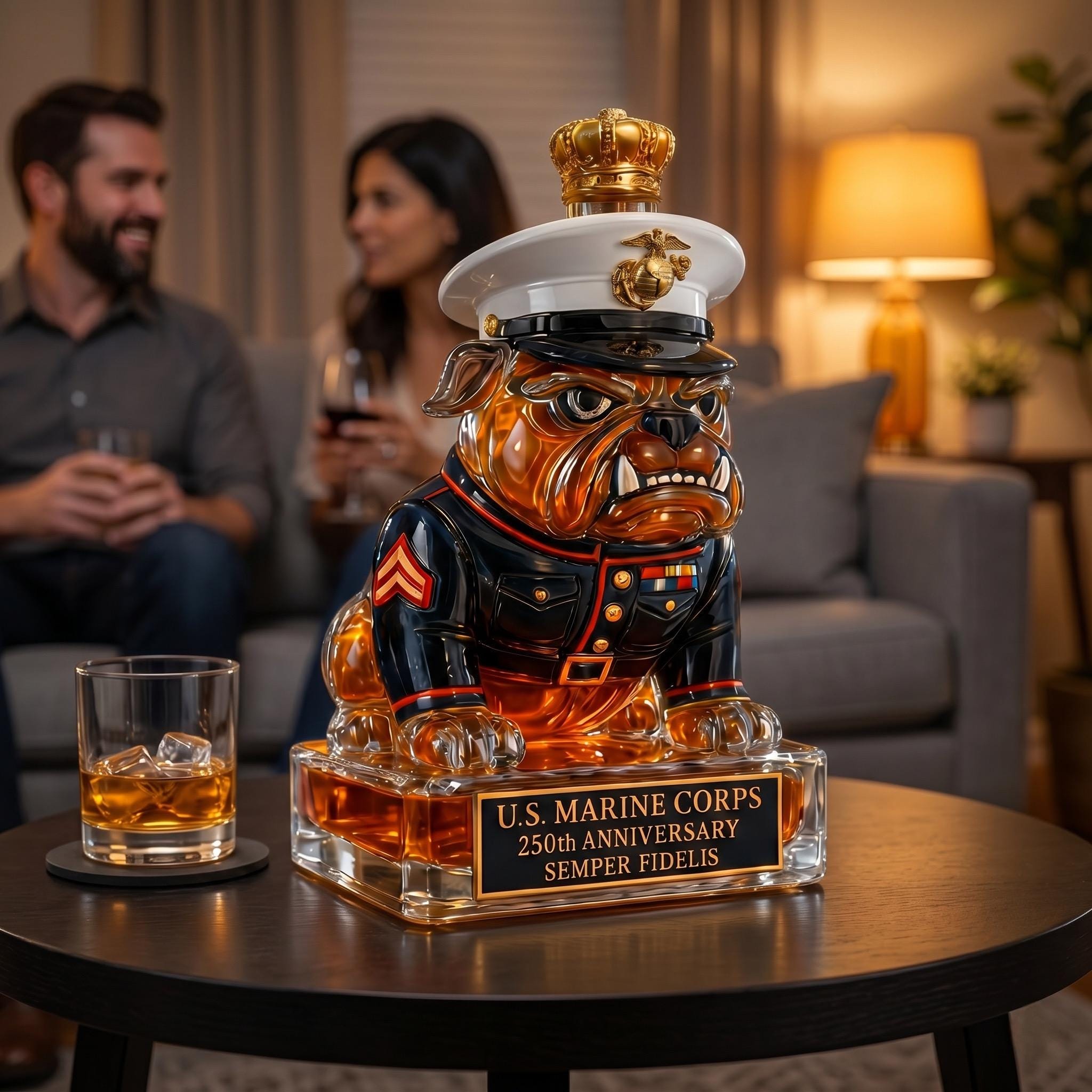 Marine Bulldog Whiskey Decanter, USMC Inspired Glass Barware (300ml)