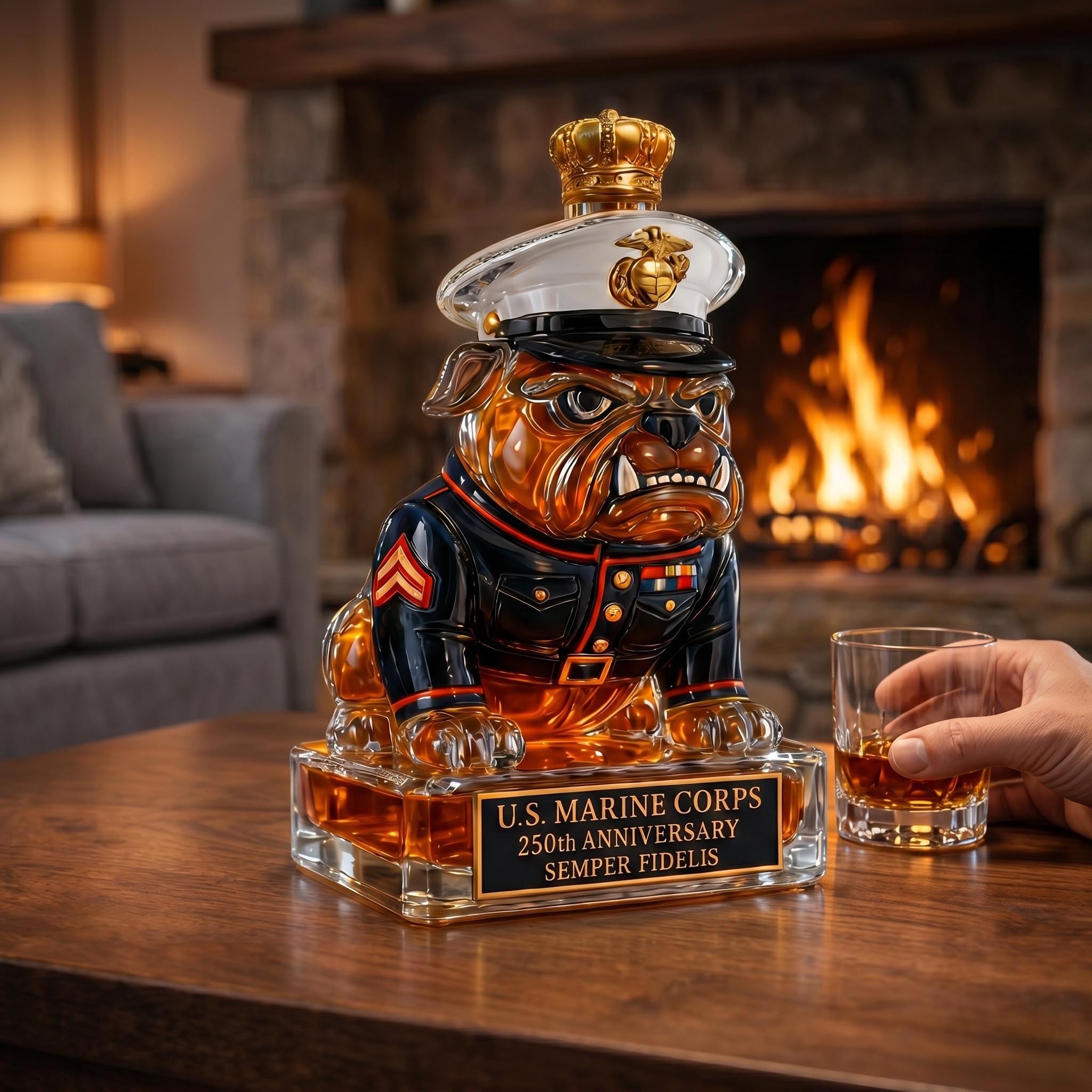 Marine Bulldog Whiskey Decanter, USMC Inspired Glass Barware (300ml)