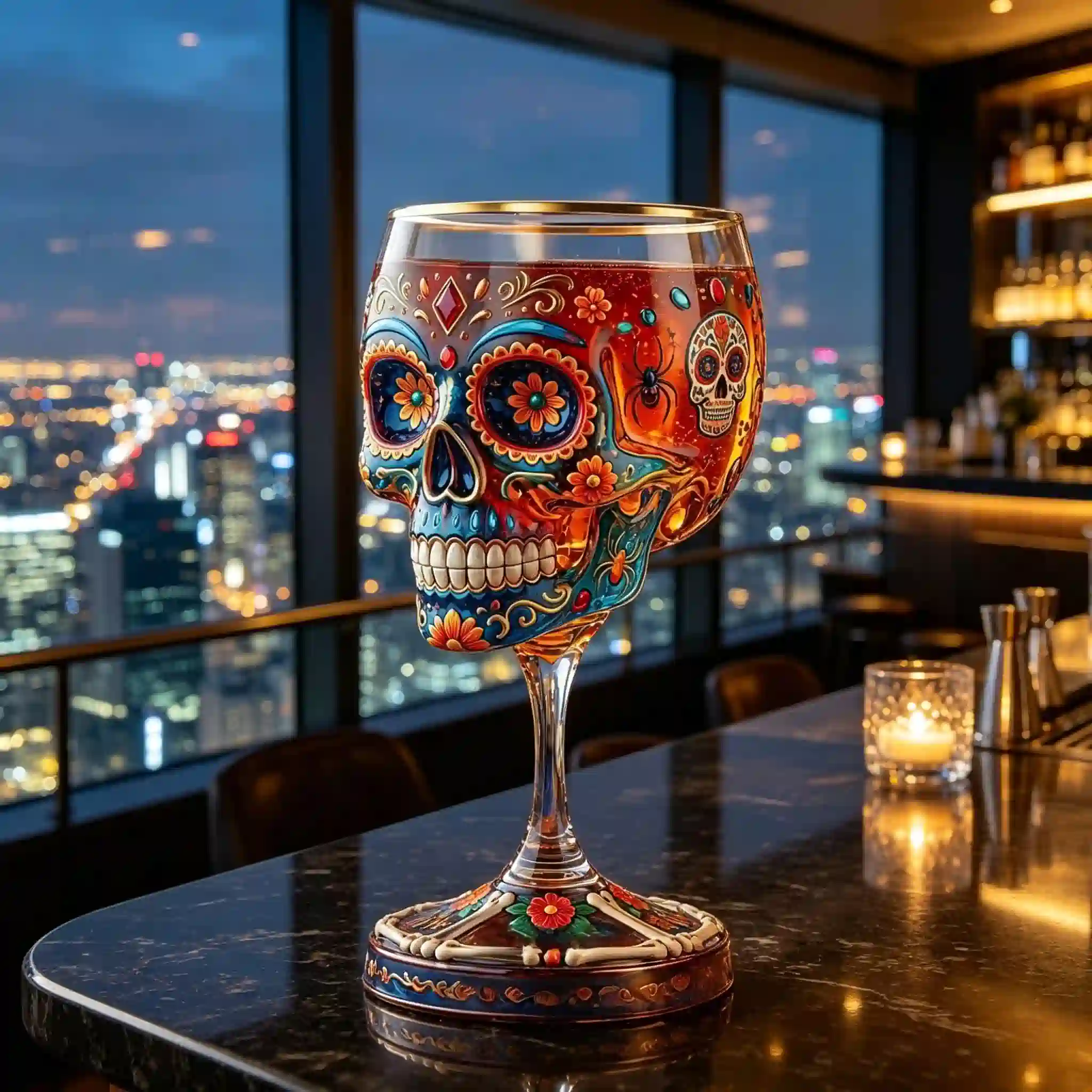 🔥🍷Mexican Festival Art Glass – Stunning Skull & Floral Design🎁