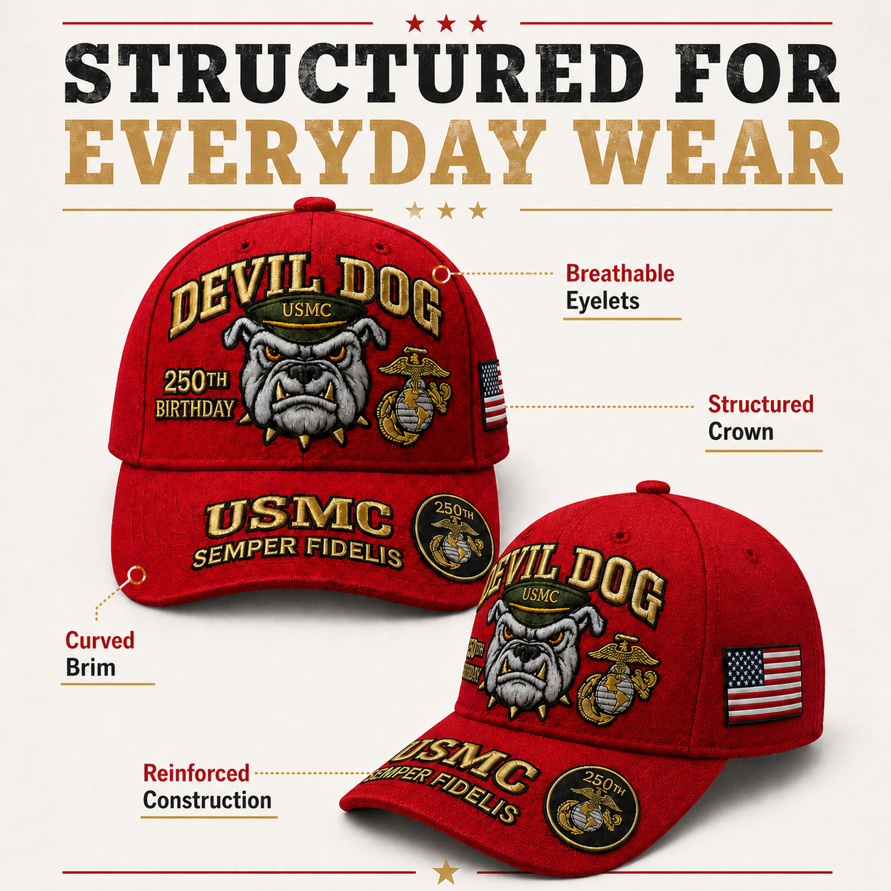❤ Handmade Embroidered Devil Dog USMC 250th Birthday Commemorative Cap 🇺🇸