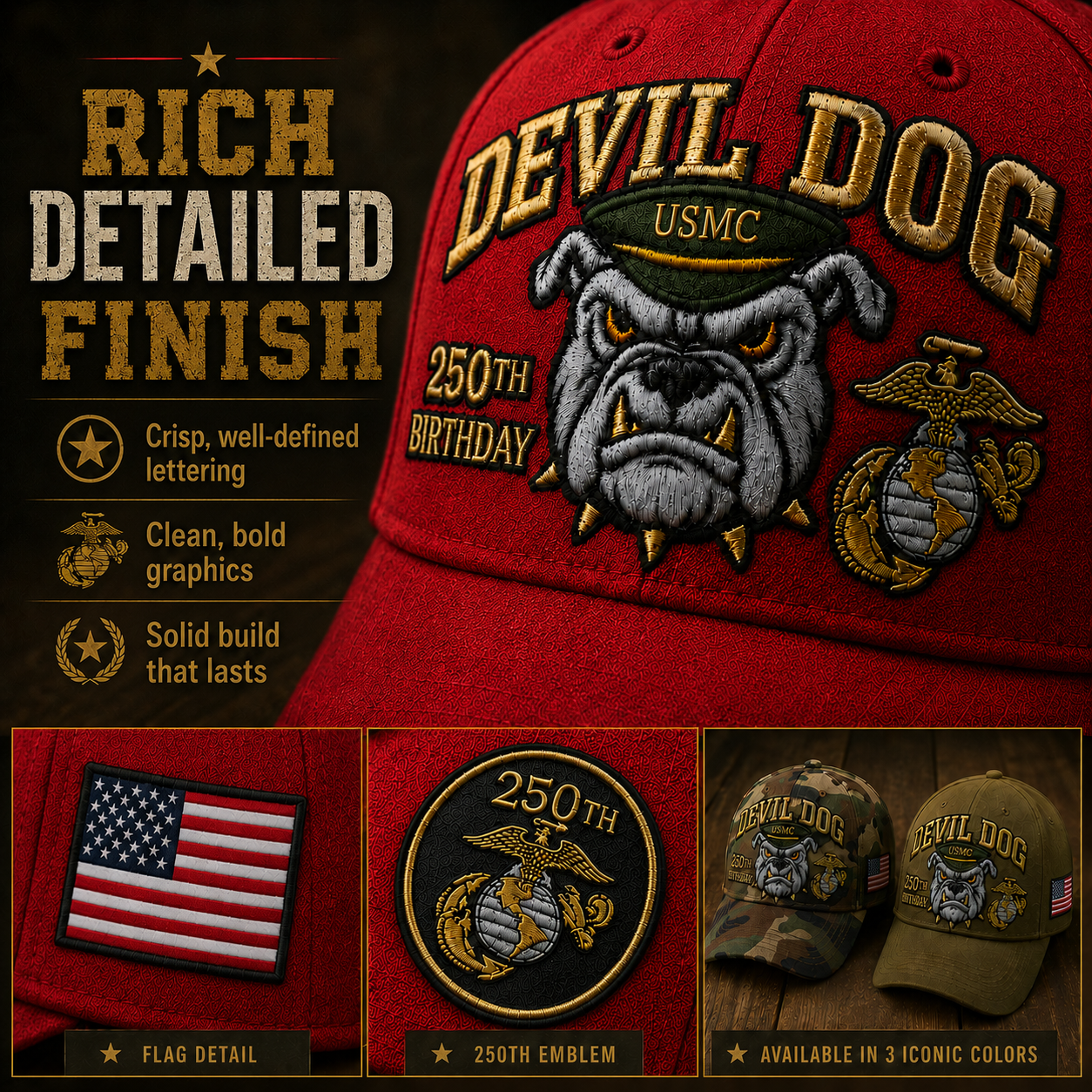 ❤ Handmade Embroidered Devil Dog USMC 250th Birthday Commemorative Cap 🇺🇸