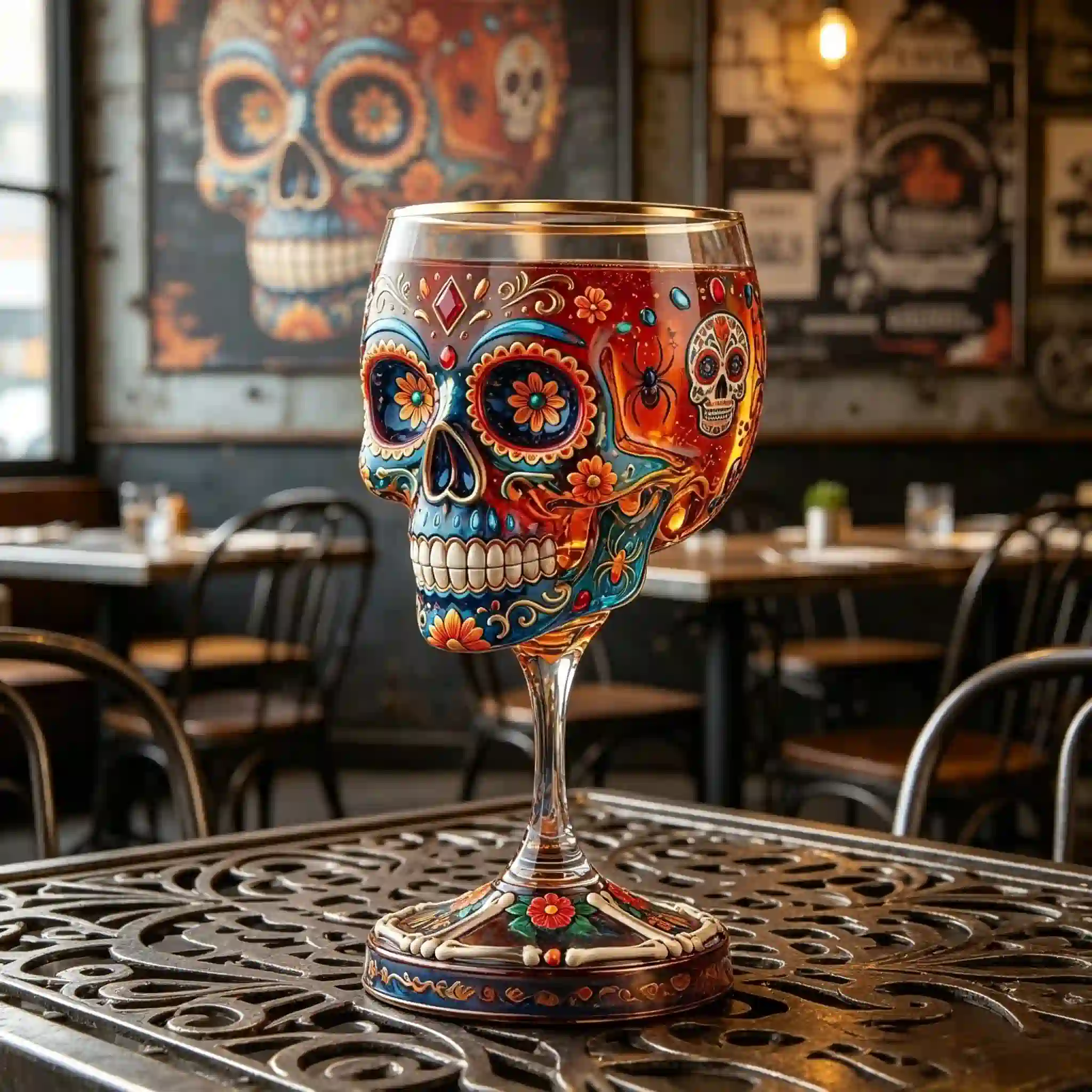 🔥🍷Mexican Festival Art Glass – Stunning Skull & Floral Design🎁