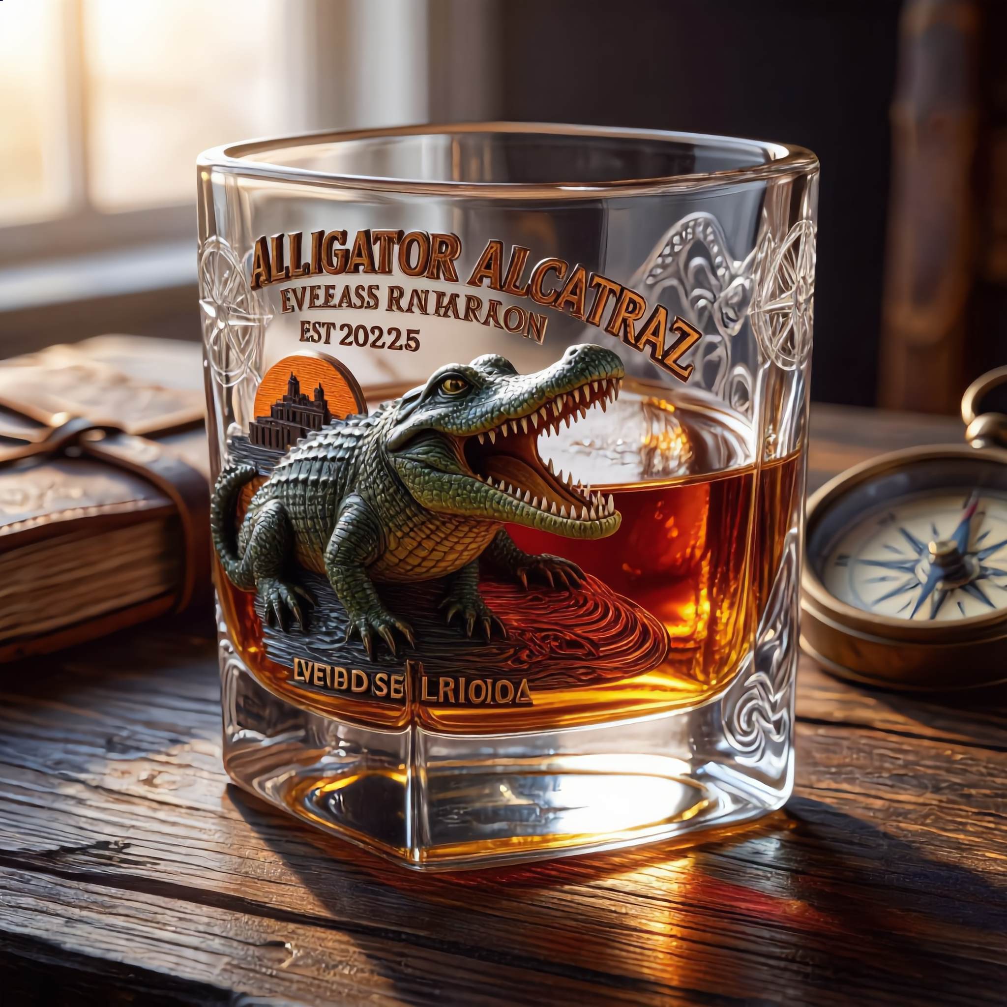 “ALLIGATOR ALCATRAZ” Retro Crocodile Glass – Adventure Meets Whiskey Culture