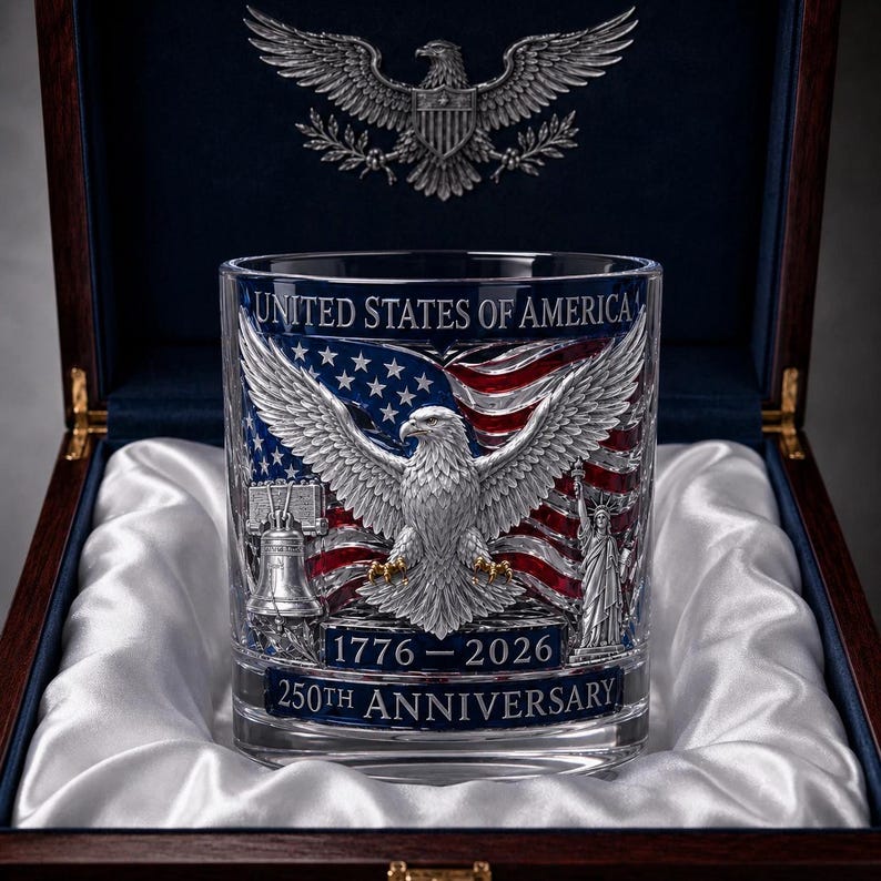 USA 250th Anniversary Patriotic Eagle Rocks Whiskey Glass