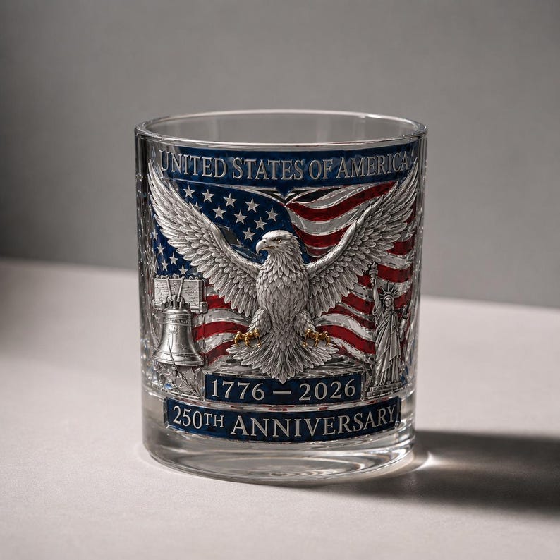 USA 250th Anniversary Patriotic Eagle Rocks Whiskey Glass