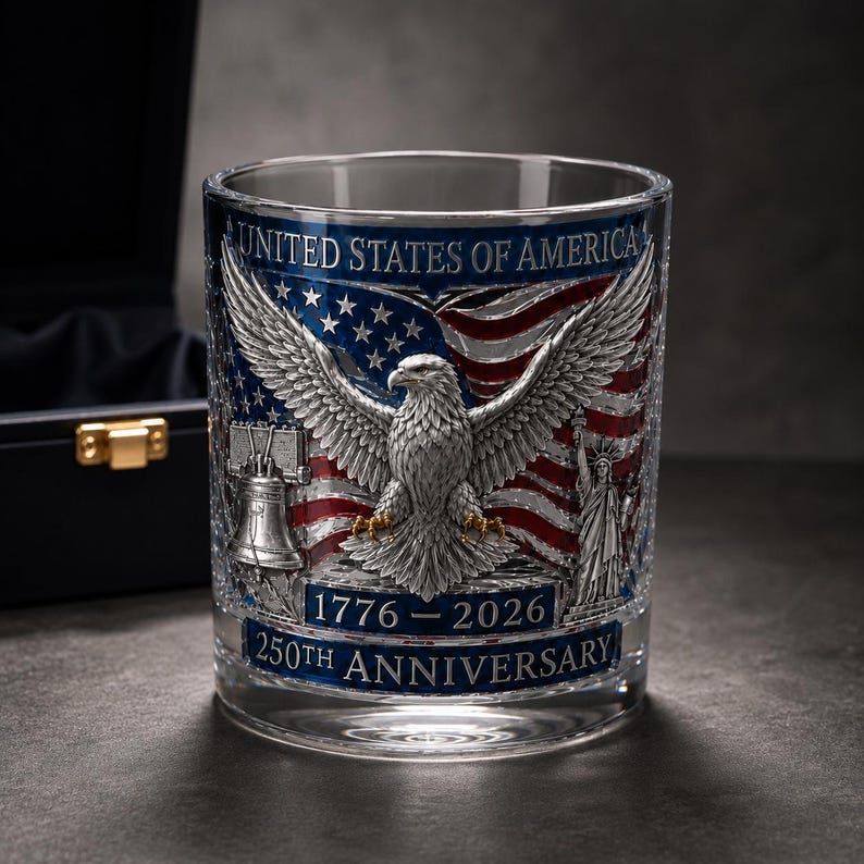USA 250th Anniversary Patriotic Eagle Rocks Whiskey Glass