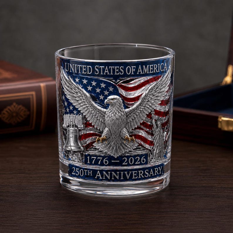 USA 250th Anniversary Patriotic Eagle Rocks Whiskey Glass