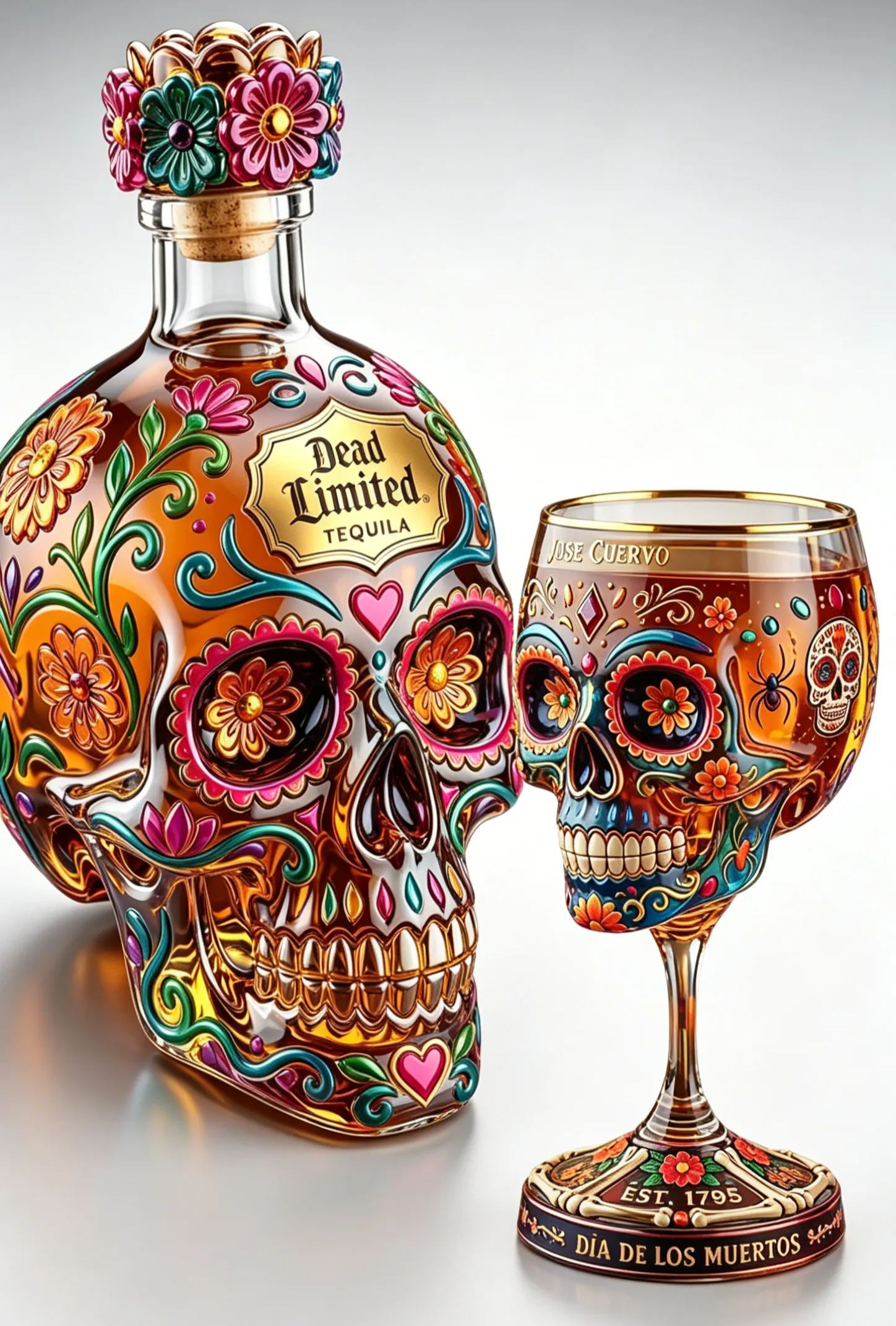 🍷Mexican Festival Art Glass – Stunning Skull & Floral Design🎁