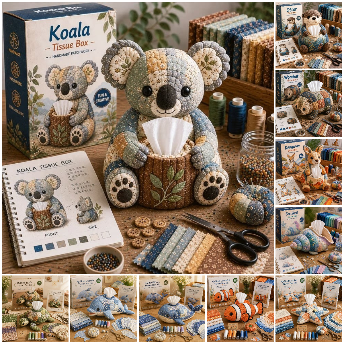 🧵 Quilted sea Animal Tissue Box DIY Kit💖