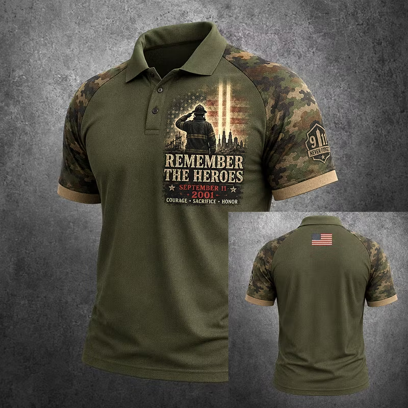 Honor & Remember 9/11 2001 First Responders Memorial Navy Polo Shirt Camouflage Sleeve Tribute