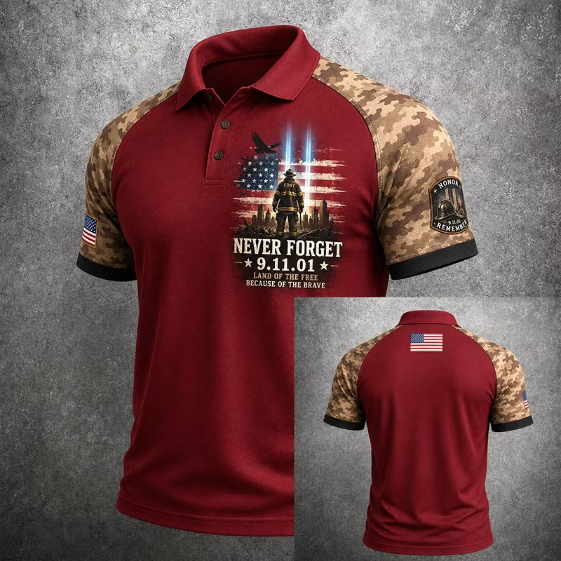 Honor & Remember 9/11 2001 First Responders Memorial Navy Polo Shirt Camouflage Sleeve Tribute