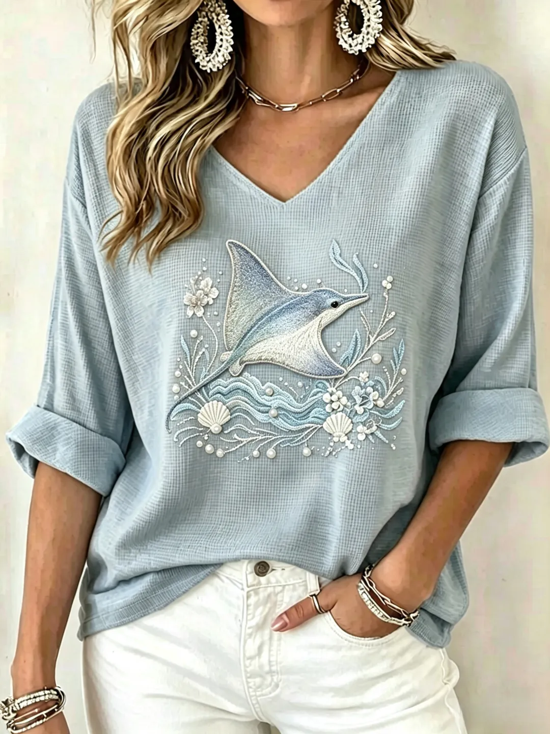 🔥Women's Waffle Knit V Neck Top | 3/4 Sleeve Relaxed Fit [Marine Theme] Casual Vacation Shirt