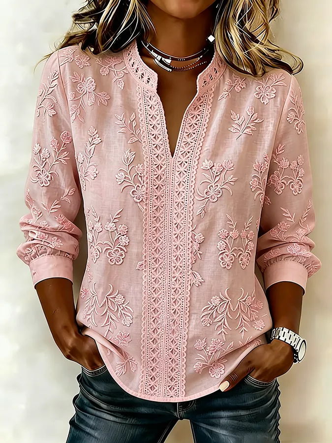 Women's casual retro floral art cotton linen shirt