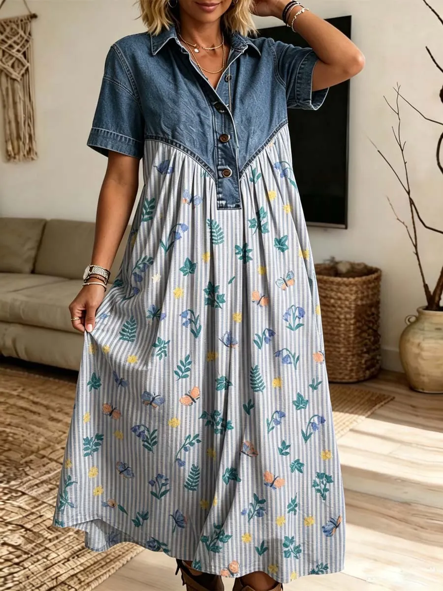 Retro Floral Pattern Art Print Casual Stylish Lapel Denim Patchwork Dress