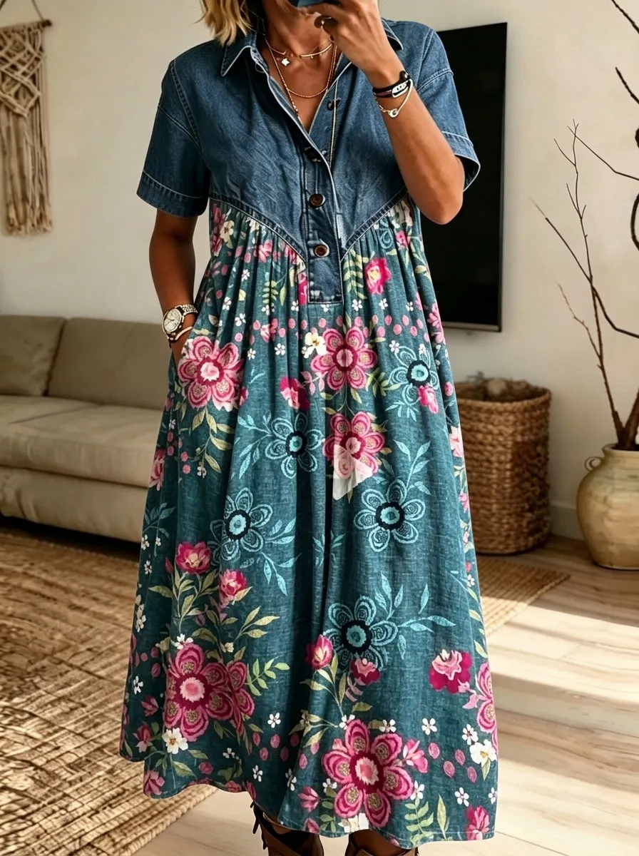 Women’s Denim Spliced Floral Print Short Sleeve Button Front Midi Dress