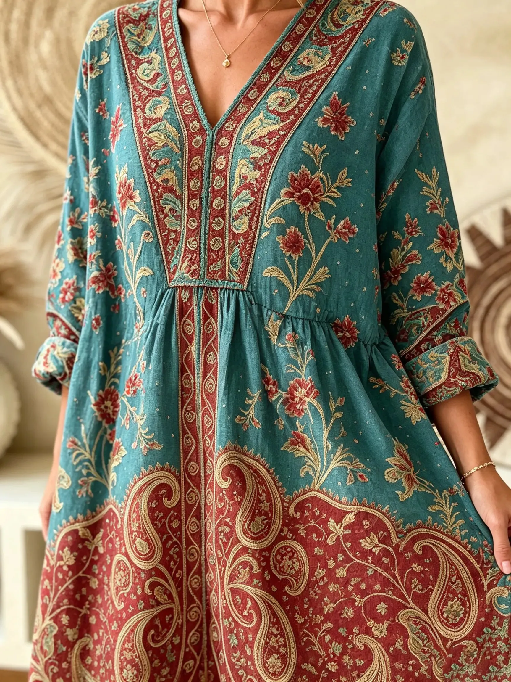 Women's Teal Paisley Floral Ethnic V-Neck Loose Three-Quarter Sleeve Maxi Dress