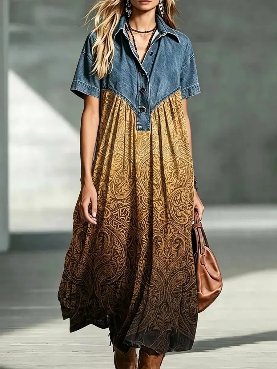 Retro Floral Pattern Art Print Casual Stylish Lapel Denim Patchwork Dress