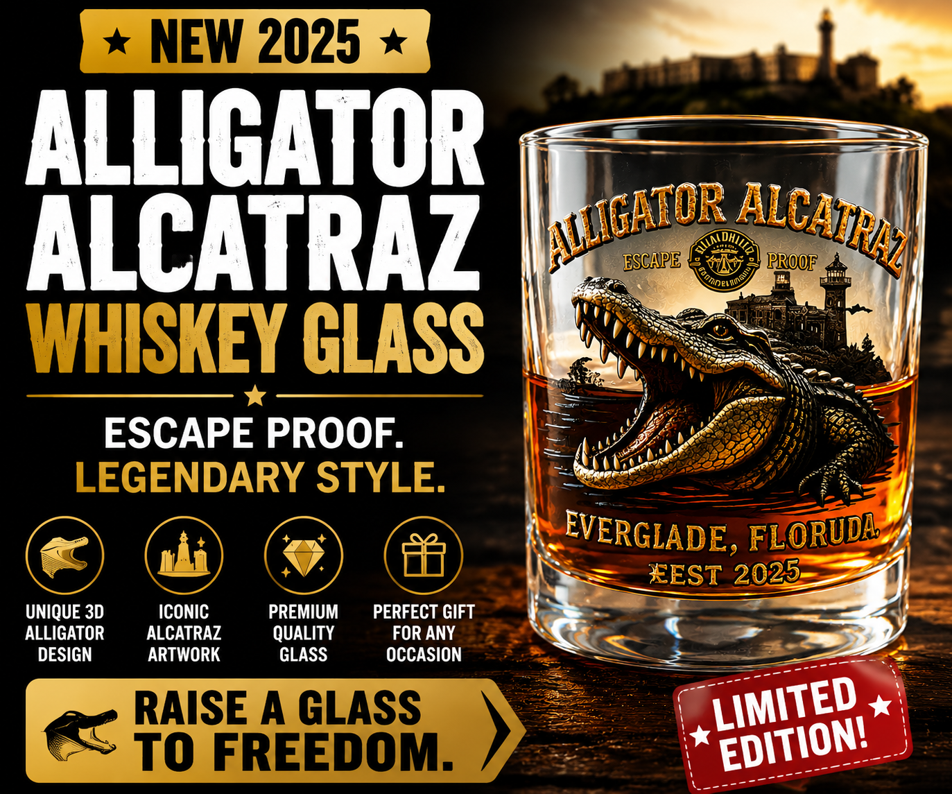 “ALLIGATOR ALCATRAZ” Retro Crocodile Glass – Adventure Meets Whiskey Culture
