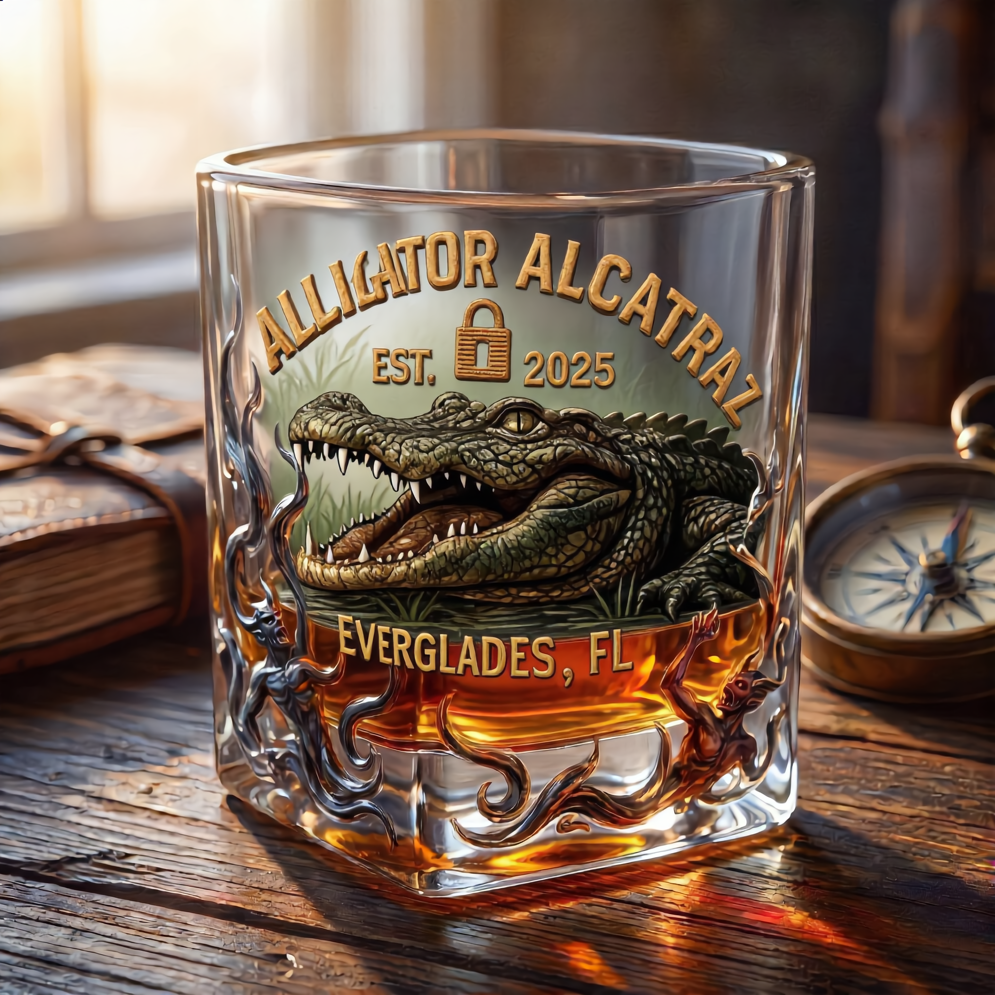 “ALLIGATOR ALCATRAZ” Retro Crocodile Glass – Adventure Meets Whiskey Culture
