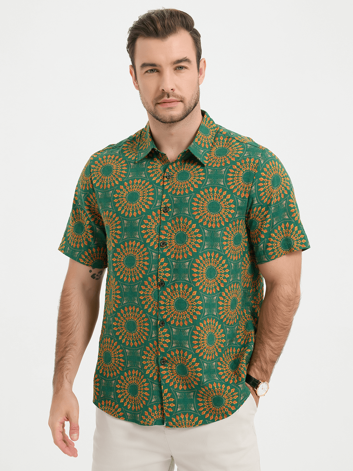 Men's Cotton Vintage 70s Floral Retro Button Up Green Summer Beach Bohemian Boho Short Sleeve Shirt