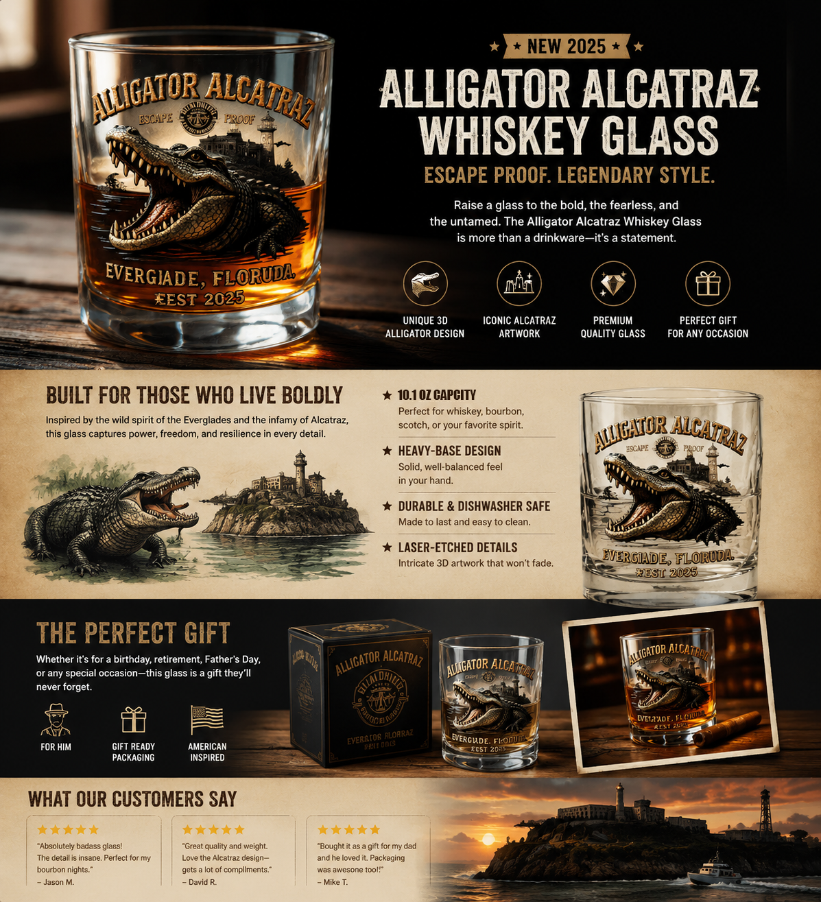 “ALLIGATOR ALCATRAZ” Retro Crocodile Glass – Adventure Meets Whiskey Culture