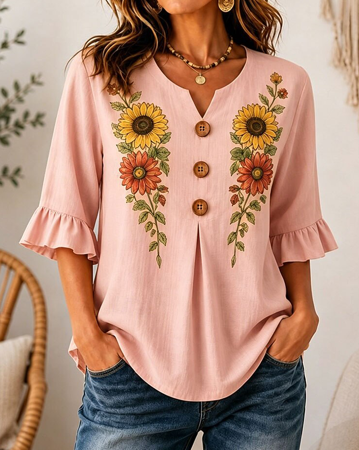Boho Symmetric Sunflower Floral Print Notched V Neck Half Wooden Button Ruffle Three Quarter Sleeve Curved Hem Women Tunic Blouse