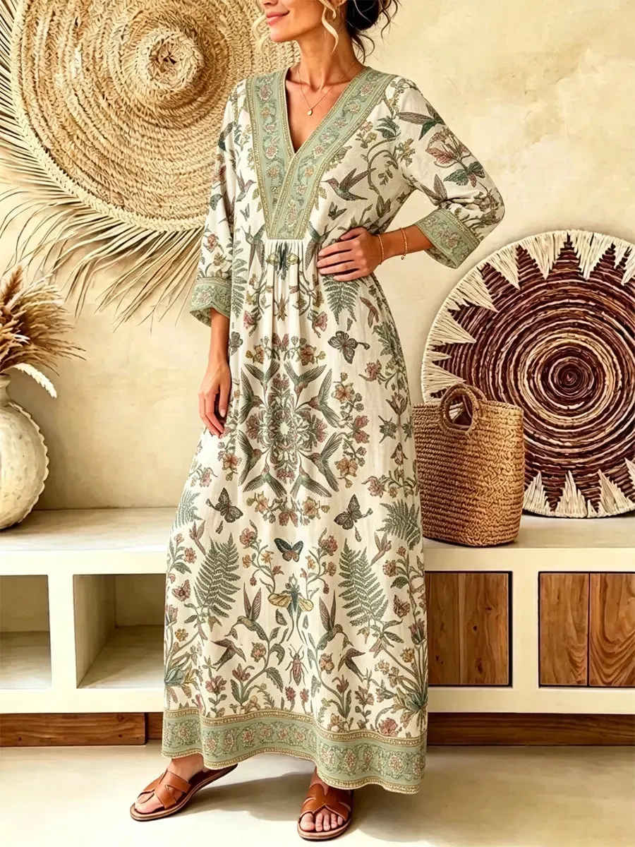 Retro Birds Floral Pattern Art Print Casual V-neck Cotton Linen Maxi Dress