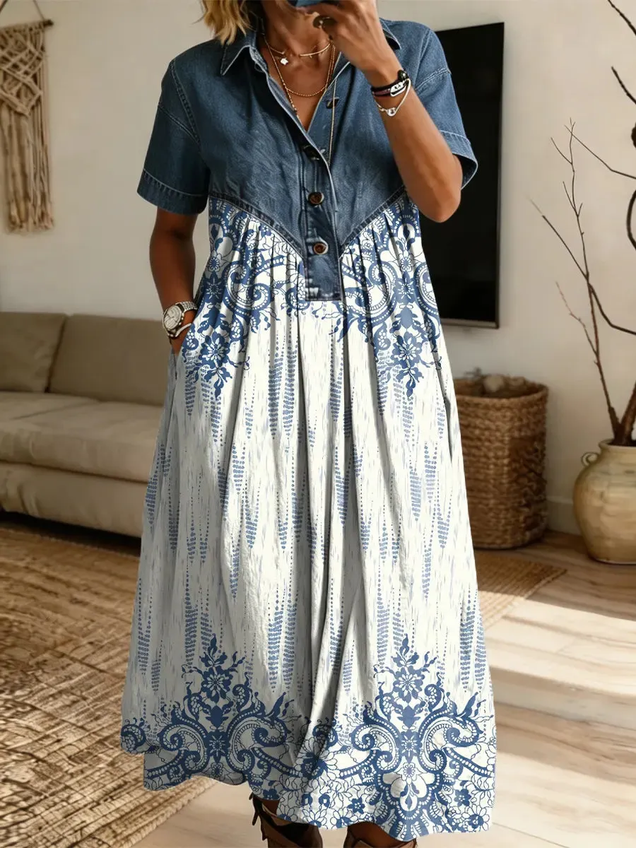 Retro Floral Pattern Art Print Casual Stylish Lapel Denim Patchwork Dress