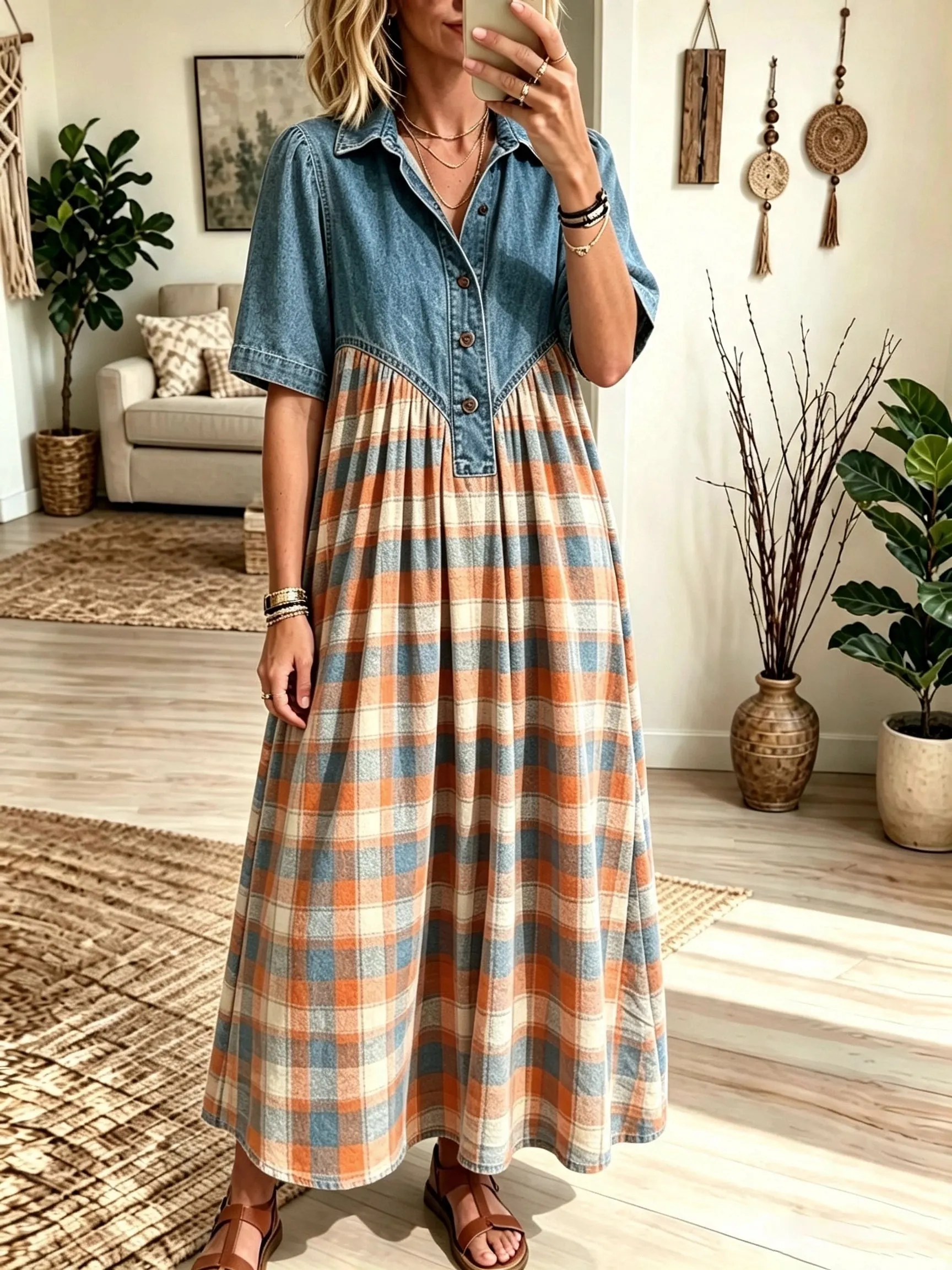 Women's Denim Yoke Plaid Maxi Dress
