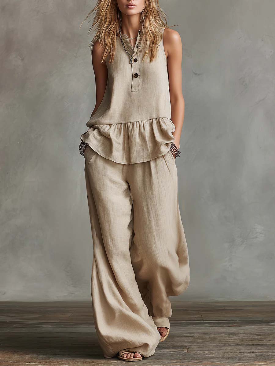 Women's Round Neck Sleeveless Casual Loose Cotton Top And High Waist Casual Loose Wide Leg Pants Set
