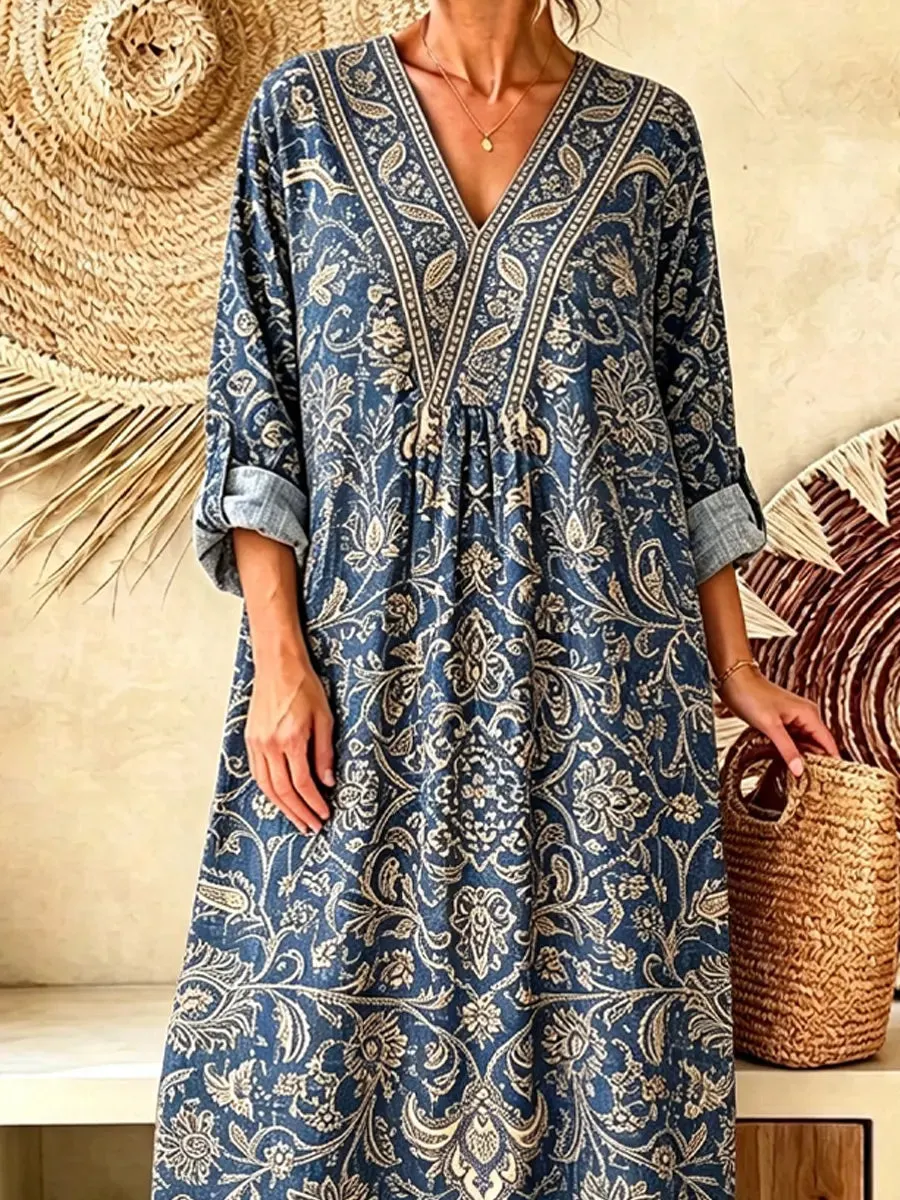 Retro Ethnic Floral Pattern Art Print Casual V-neck Cotton Linen Maxi Dress