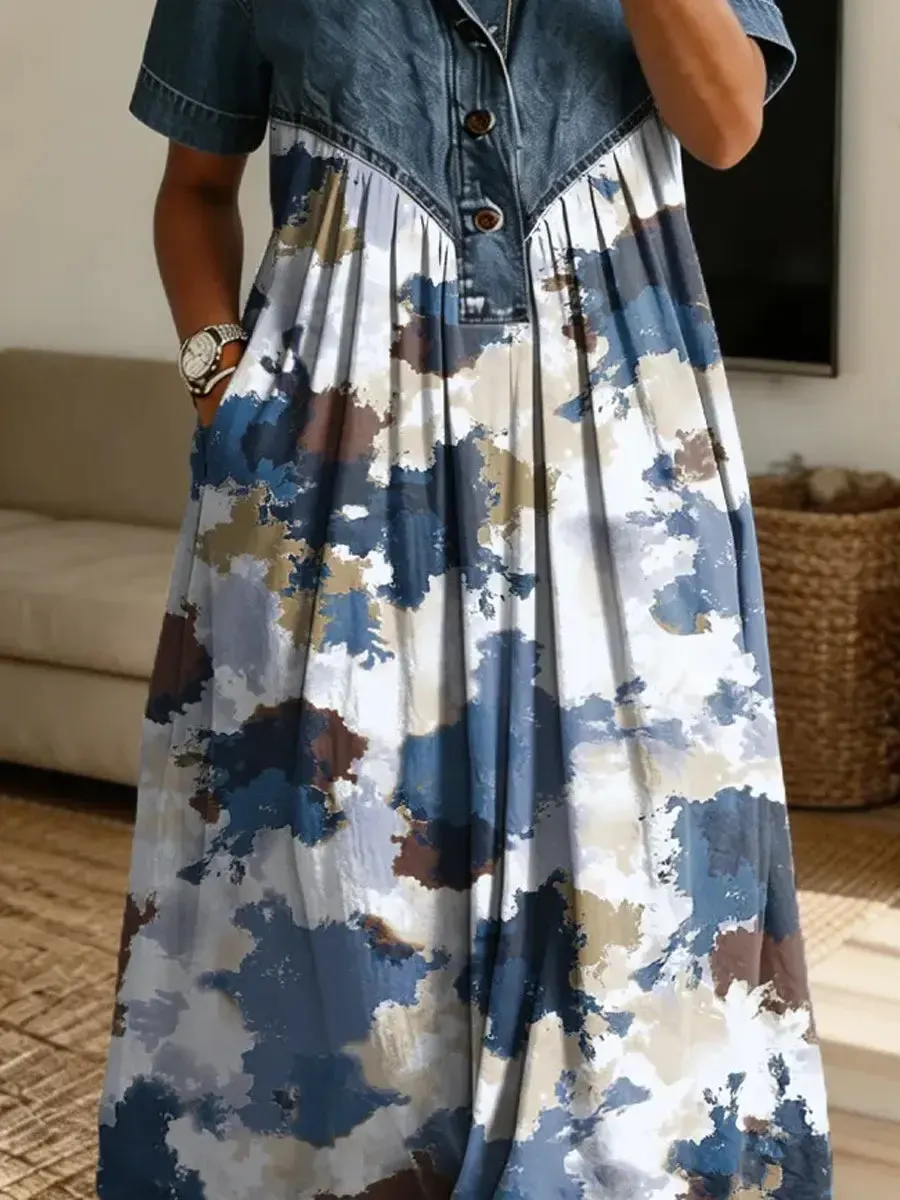 Retro Ink Pattern Art Print Casual Stylish Lapel Denim Patchwork Dress